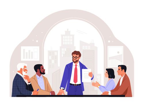 Illustration of 5 professionals discussing a document